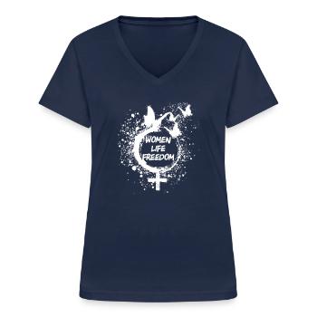 schmetterling,iran, freedom,women life freedom - Frauen-T-Shirt mit V-Ausschnitt - Navy - Vorne - Lela (165cm)