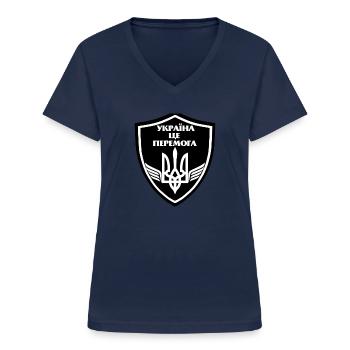 Symboles ukrainiens Langue Ukraine Patriot - T-shirt col V Femme - marine - Devant - Lela (165cm)