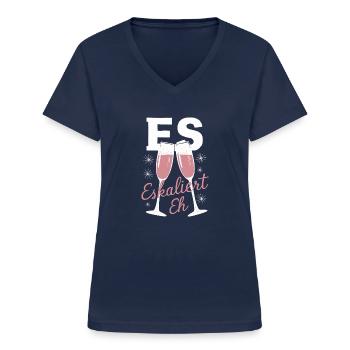 Es eskaliert eh! – Fröhliches Sektglas - Frauen-T-Shirt mit V-Ausschnitt - Navy - Vorne - Lela (165cm)