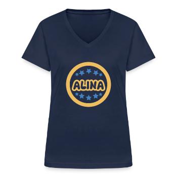 Lahja Alinalle - Naisten t-paita v-pääntiellä - laivasto sininen - Edestä - Lela (165cm)