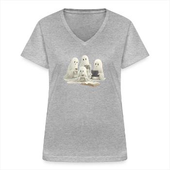 Ghost Family Books, Coffee, and Cozy Moments - Frauen-T-Shirt mit V-Ausschnitt - Grau meliert - Vorne - Lela (165cm)