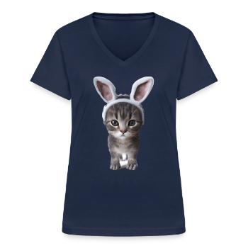 Katze mit Hasenohren - Frauen-T-Shirt mit V-Ausschnitt - Navy - Vorne - Lela (165cm)