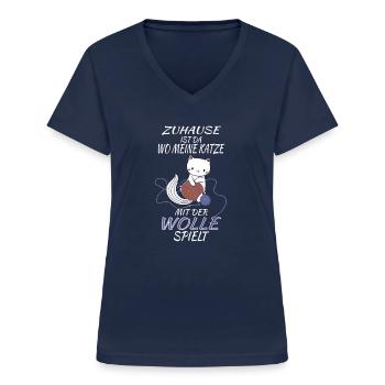 Katze Handarbeit Häkeln Stricken Wolle - Frauen-T-Shirt mit V-Ausschnitt - Navy - Vorne - Lela (165cm)