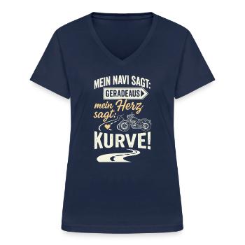 Mein Navi vs. Herz | Biker Kurven Motorrad Spruch - Frauen-T-Shirt mit V-Ausschnitt - Navy - Vorne - Lela (165cm)