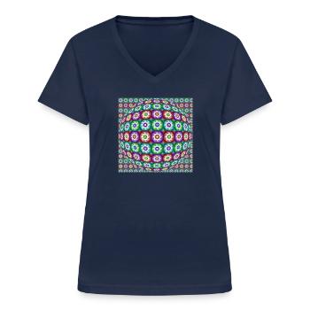 FRACTAL FLOWERS OP ART - Frauen-T-Shirt mit V-Ausschnitt - Navy - Vorne - Lela (165cm)