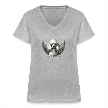 Elegant Poodle Angel with Wings Black White - Women's V-neck T-shirt - sports grey - Front - Lela (165cm)