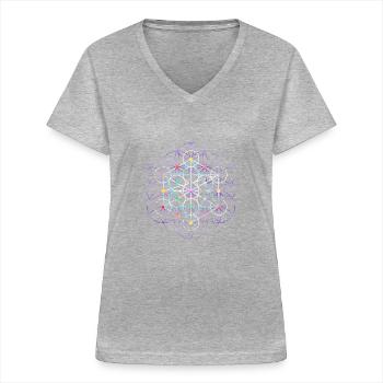 Fleur de la vie - Metatronwürfel libre - T-shirt col V Femme - gris chiné - Devant - Lela (165cm)