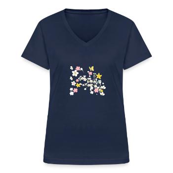 fleur de cerisier,fleurs,fleur,floral,papillon - T-shirt col V Femme - marine - Devant - Lela (165cm)