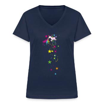 Licorne vomir,Licorne,Étoiles,Licorne - T-shirt col V Femme - marine - Devant - Lela (165cm)