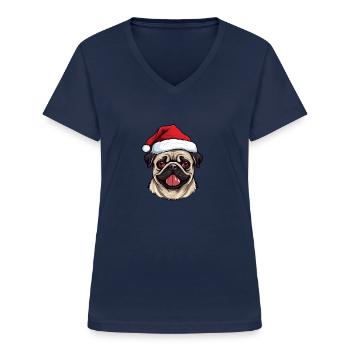 Mops Hund Mops Jul Huvud - T-shirt med V-ringning dam - marinblå - Fram - Lela (165cm)