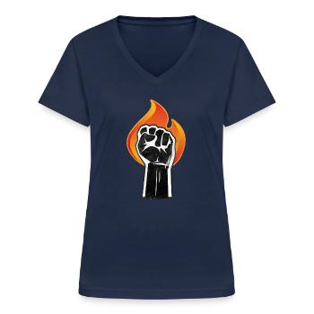 Angehobene Faust brennt | schwarzes Power-Symbol - Frauen-T-Shirt mit V-Ausschnitt - Navy - Vorne - Lela (165cm)
