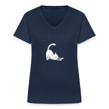 Cat stretch Katze Kätzchen strecken stretching - Frauen-T-Shirt mit V-Ausschnitt - Navy - Vorne - Lela (165cm)