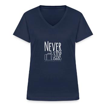 Never STOP Learning ! - Frauen-T-Shirt mit V-Ausschnitt - Navy - Vorne - Lela (165cm)