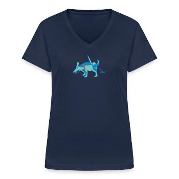 kleiner, blauer Hund pullert an eine Wand - Frauen-T-Shirt mit V-Ausschnitt - Navy - Vorne - Lela (165cm)