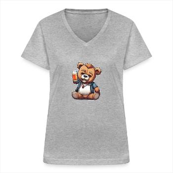 Feiernder Teddy mit Bier - Frauen-T-Shirt mit V-Ausschnitt - Grau meliert - Vorne - Lela (165cm)