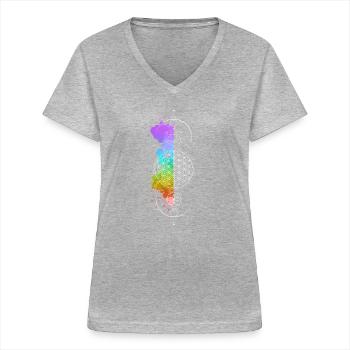 Heilige Geometrie, Blume des Lebens, Bunt, Element - Frauen-T-Shirt mit V-Ausschnitt - Grau meliert - Vorne - Lela (165cm)