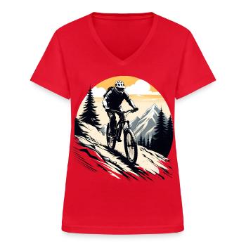 Mountainbiker, Fahrrad, Berge, Outdoor, Sport - Frauen-T-Shirt mit V-Ausschnitt - Rot - Vorne - Lela (165cm)