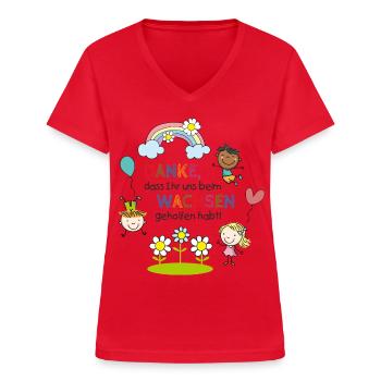 Dankesspruch Kita 1 | Kinder - Regenbogen - Blumen - Frauen-T-Shirt mit V-Ausschnitt - Rot - Vorne - Lela (165cm)