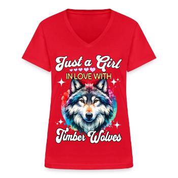 Gray Wolf Girl Timber Wolf - Women's V-neck T-shirt - red - Front - Lela (165cm)