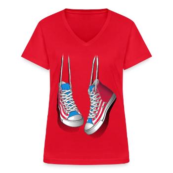 Turnschuhe und Schnürsenkel - Frauen-T-Shirt mit V-Ausschnitt - Rot - Vorne - Lela (165cm)