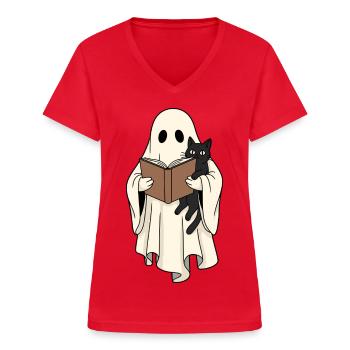 Reading Ghost with Cat in Book - Women's V-neck T-shirt - red - Front - Lela (165cm)
