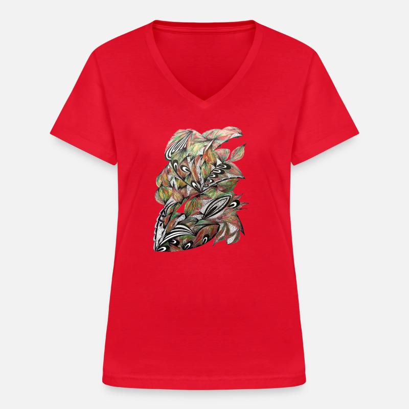 Vibrant Leaf Peacock Pattern - Women's V-neck T-shirt - red
