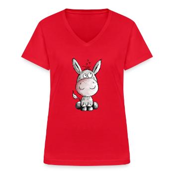 Kleiner Esel - Eselchen - Comic - Tiere - Frauen-T-Shirt mit V-Ausschnitt - Rot - Vorne - Lela (165cm)