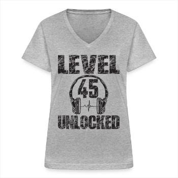 Level 45 Unlocked Geburtstagsgeschenk 45 Jahre - Frauen-T-Shirt mit V-Ausschnitt - Grau meliert - Vorne - Lela (165cm)