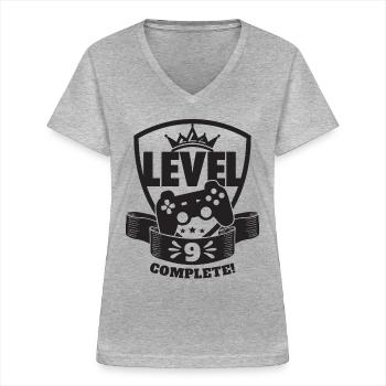 Level 9 Complete Geburtstagsgeschenk 9 Jahre Gamer - Frauen-T-Shirt mit V-Ausschnitt - Grau meliert - Vorne - Lela (165cm)