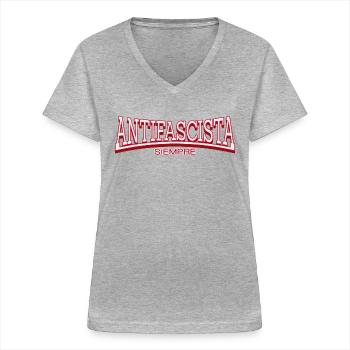 IMMER ANTIFASCHISTISCH - Frauen-T-Shirt mit V-Ausschnitt - Grau meliert - Vorne - Lela (165cm)