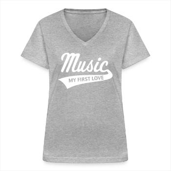 Musique - My First Love (Musique - Mon Premier amour) - T-shirt col V Femme - gris chiné - Devant - Lela (165cm)