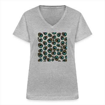 Pfauenfeder Muster Grafik  - Frauen-T-Shirt mit V-Ausschnitt - Grau meliert - Vorne - Lela (165cm)