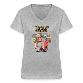 Zu viele Tabs – ADS Gehirn Cartoon Design - Frauen-T-Shirt mit V-Ausschnitt - Grau meliert - Vorne - Lela (165cm)