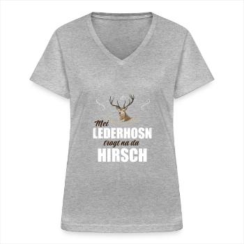 Basst Scho | Trachten Hirsch - Frauen-T-Shirt mit V-Ausschnitt - Grau meliert - Vorne - Lela (165cm)