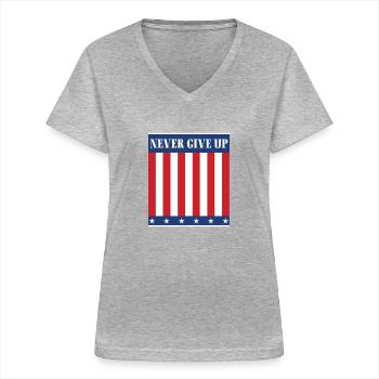 Never give up - Frauen-T-Shirt mit V-Ausschnitt - Grau meliert - Vorne - Lela (165cm)