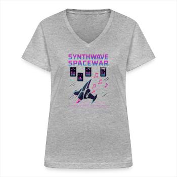 SYNTHWAVE SPACEWAR Retro Neon 80er Jahre Raumschiff - Frauen-T-Shirt mit V-Ausschnitt - Grau meliert - Vorne - Lela (165cm)