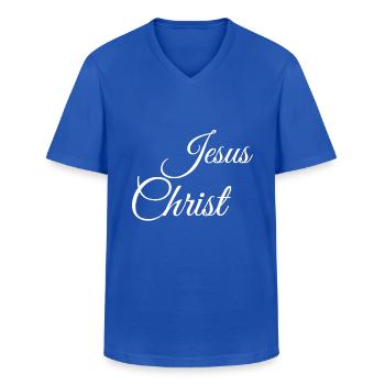 Jésus-Christ Jésus-Christ - T-shirt col V Homme - bleu royal - Devant - AI Model Male 178 dark (178cm)