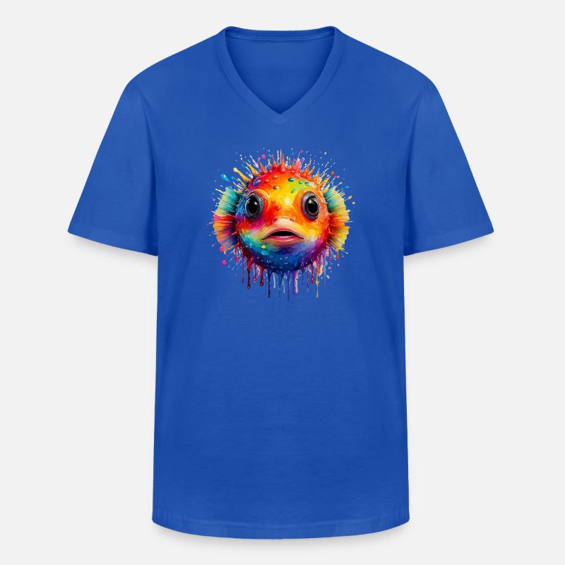 Farbexplosion Pufferfisch Kunstdruck - Männer-T-Shirt mit V-Ausschnitt - Royalblau