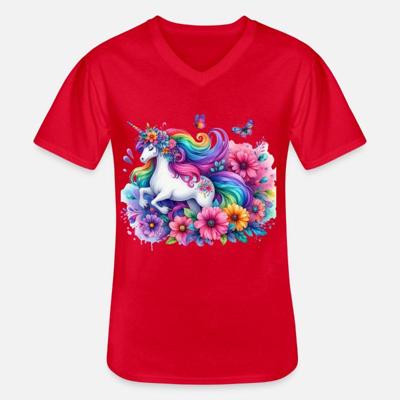 Regenbogen Blumen Einhorn - Männer-T-Shirt mit V-Ausschnitt - Rot