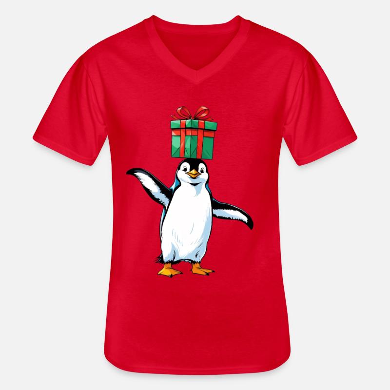Pinguin mit Geschenk auf Kopf - Männer-T-Shirt mit V-Ausschnitt - Rot