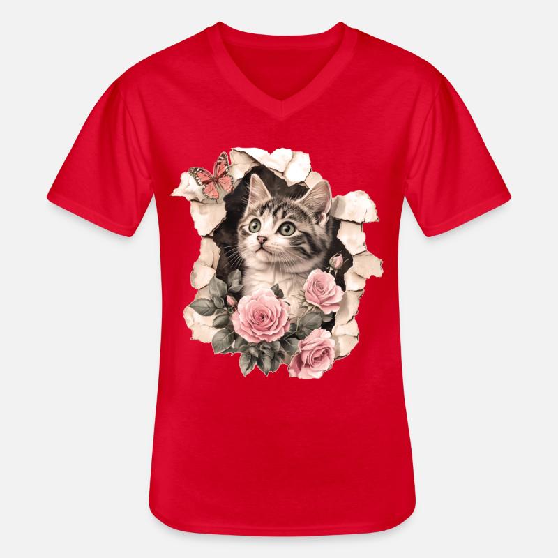Gatto e farfalla - Maglietta da uomo classica con scollo a V - rosso