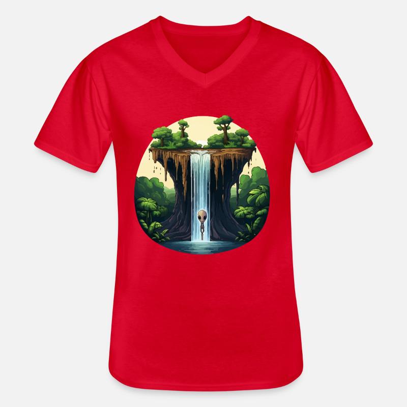 Alien am Wasserfall im Dschungel - Männer-T-Shirt mit V-Ausschnitt - Rot