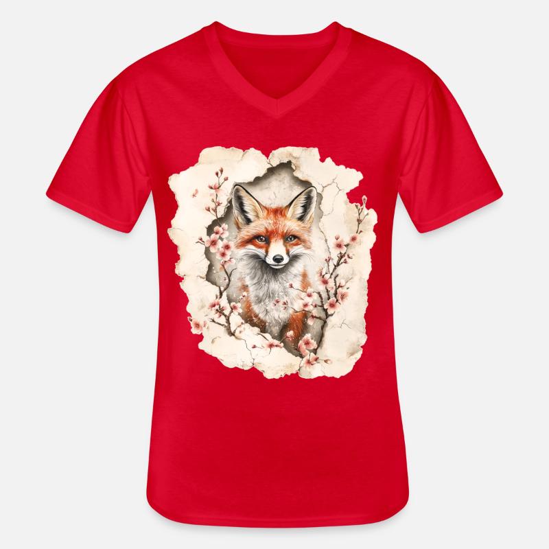 Fuchs mit Kirschblüten - Männer-T-Shirt mit V-Ausschnitt - Rot