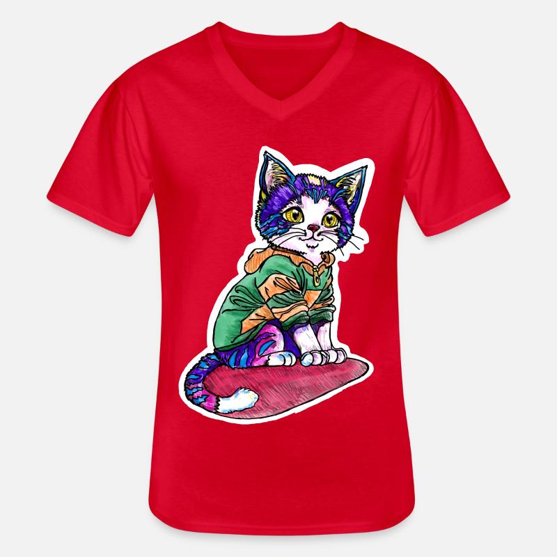 Chat en pull vert - T-shirt col V Homme - rouge