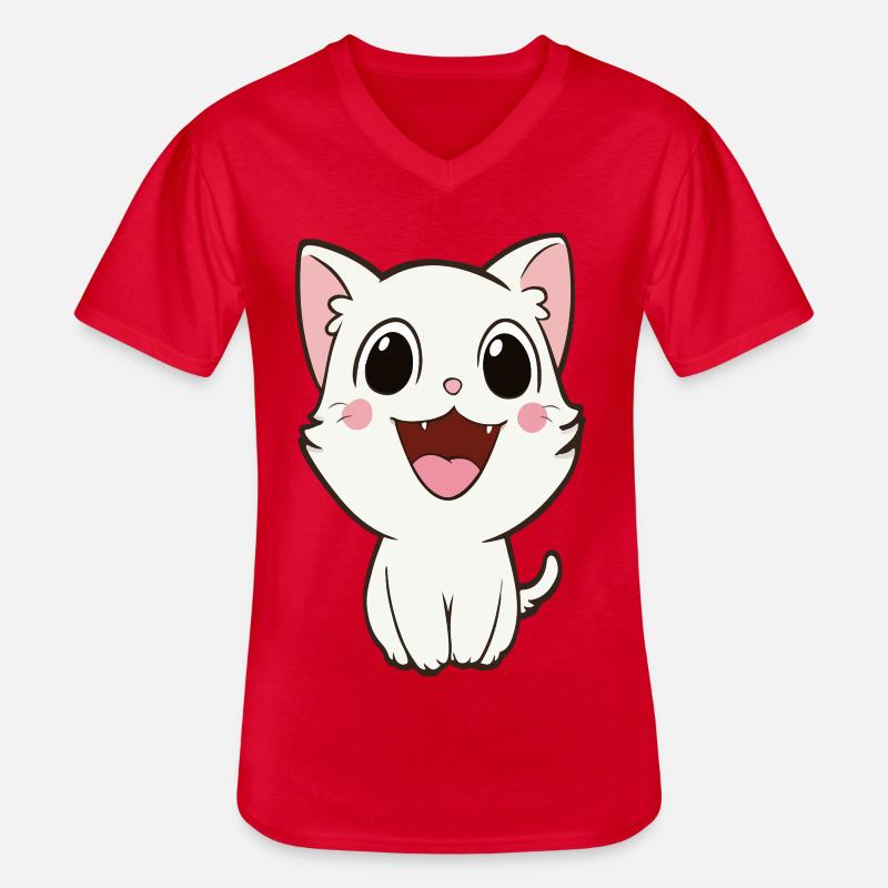 Verspieltes weißes Kätzchen-Maskottchen - Männer-T-Shirt mit V-Ausschnitt - Rot