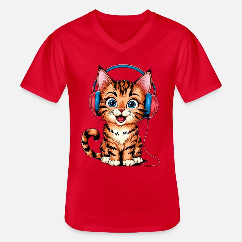 Kopfhörer-Kätzchen - Männer-T-Shirt mit V-Ausschnitt - Rot