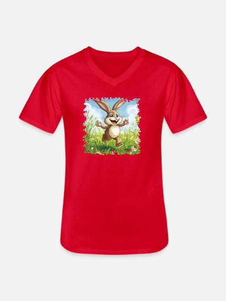 Cheerful bunny in spring meadow - Men's V-Neck T-Shirt - red