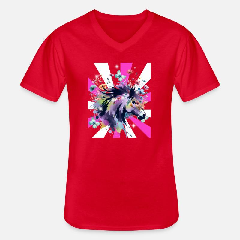 Retro Pferd Pferde Mädchen 60er Blumen - Männer-T-Shirt mit V-Ausschnitt - Rot