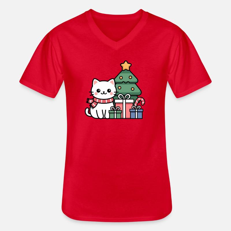 Kawaii Weihnachts Katze mit Geschenken - Männer-T-Shirt mit V-Ausschnitt - Rot