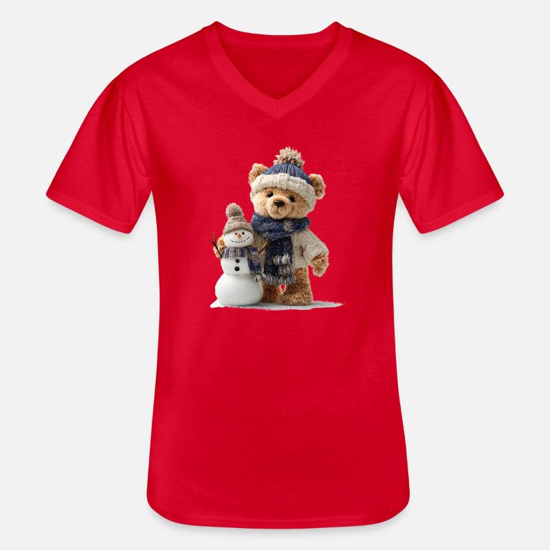 Teddybär baut einen Schneemann - Männer-T-Shirt mit V-Ausschnitt - Rot
